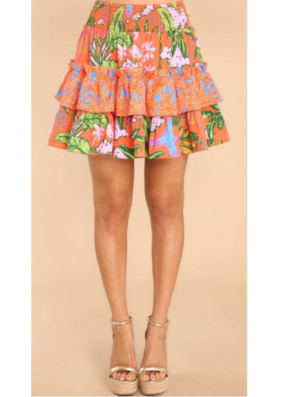 Alden Adair Angela Skirt in Jungle Cruise - Tiered Floral Orange Mini Skirt